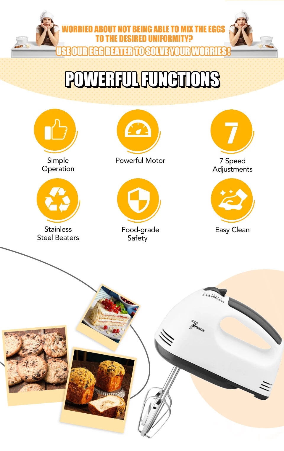 7-Speed Electric Hand Mixer with 5 Stainless Steel Attachments