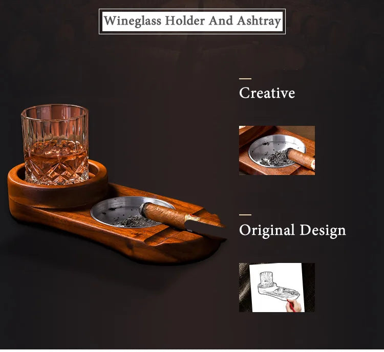 Wood Desk 2-In-1 Whiskey Wine Glass Holder, Ashtray Cigar Holder