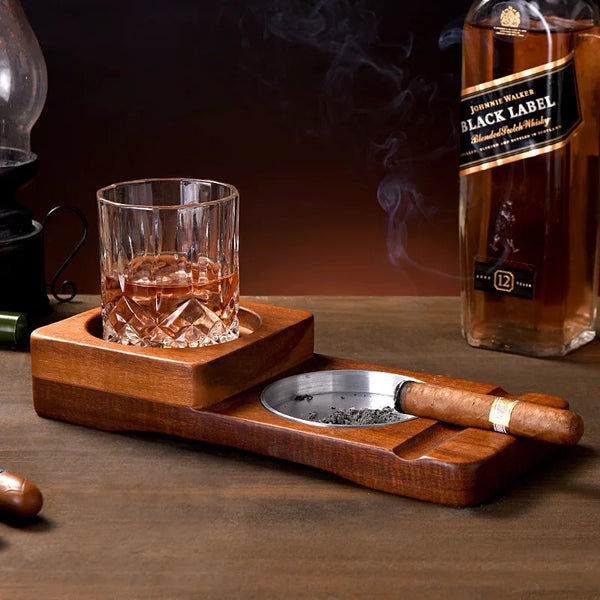 Wood Desk 2-In-1 Whiskey Wine Glass Holder, Ashtray Cigar Holder