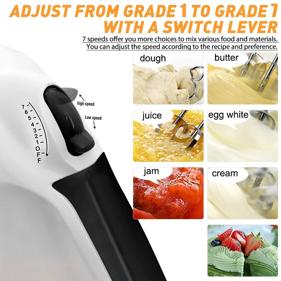 7-Speed Electric Hand Mixer with 5 Stainless Steel Attachments