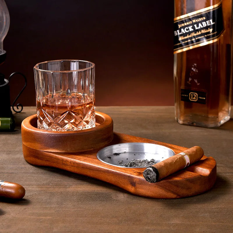 Wood Desk 2-In-1 Whiskey Wine Glass Holder, Ashtray Cigar Holder