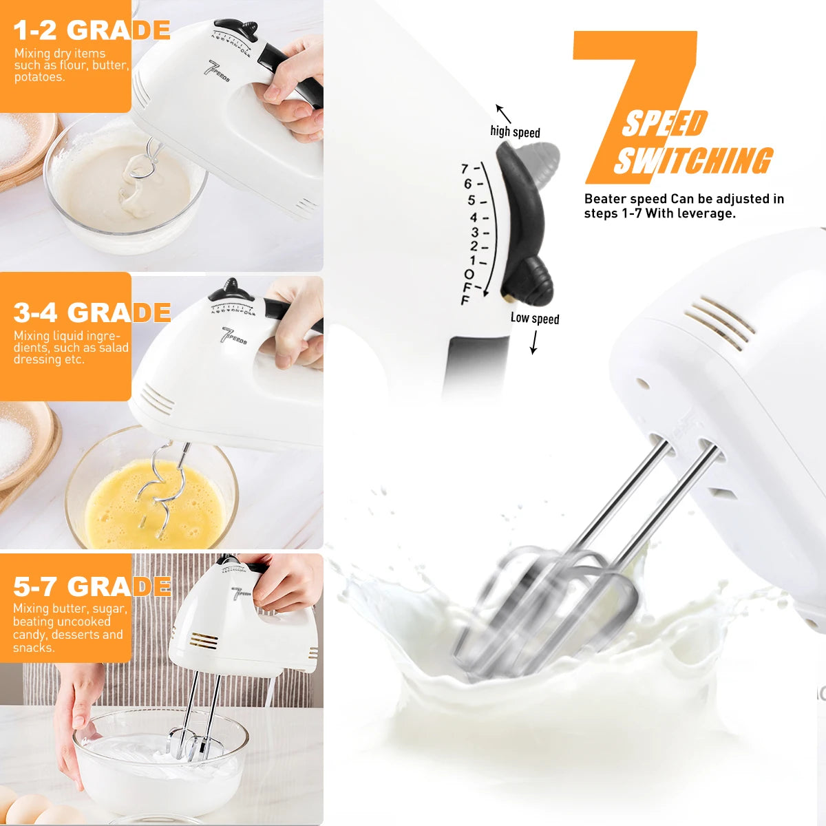 7-Speed Electric Hand Mixer with 5 Stainless Steel Attachments