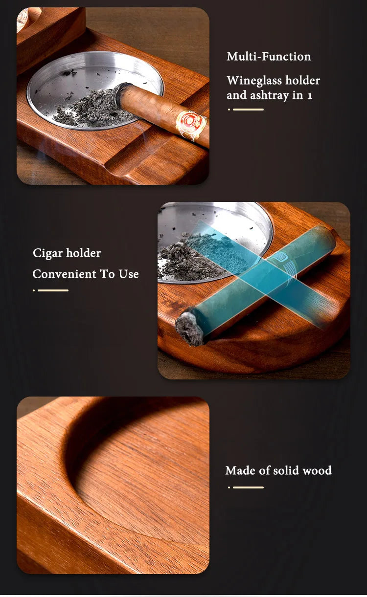 Wood Desk 2-In-1 Whiskey Wine Glass Holder, Ashtray Cigar Holder