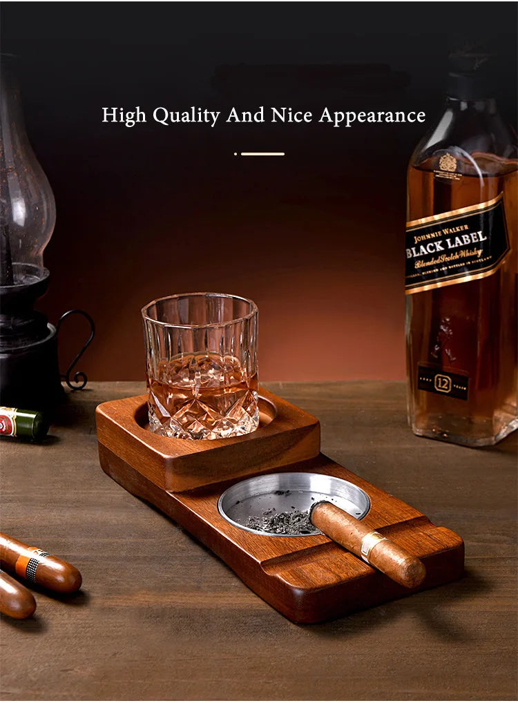 Wood Desk 2-In-1 Whiskey Wine Glass Holder, Ashtray Cigar Holder