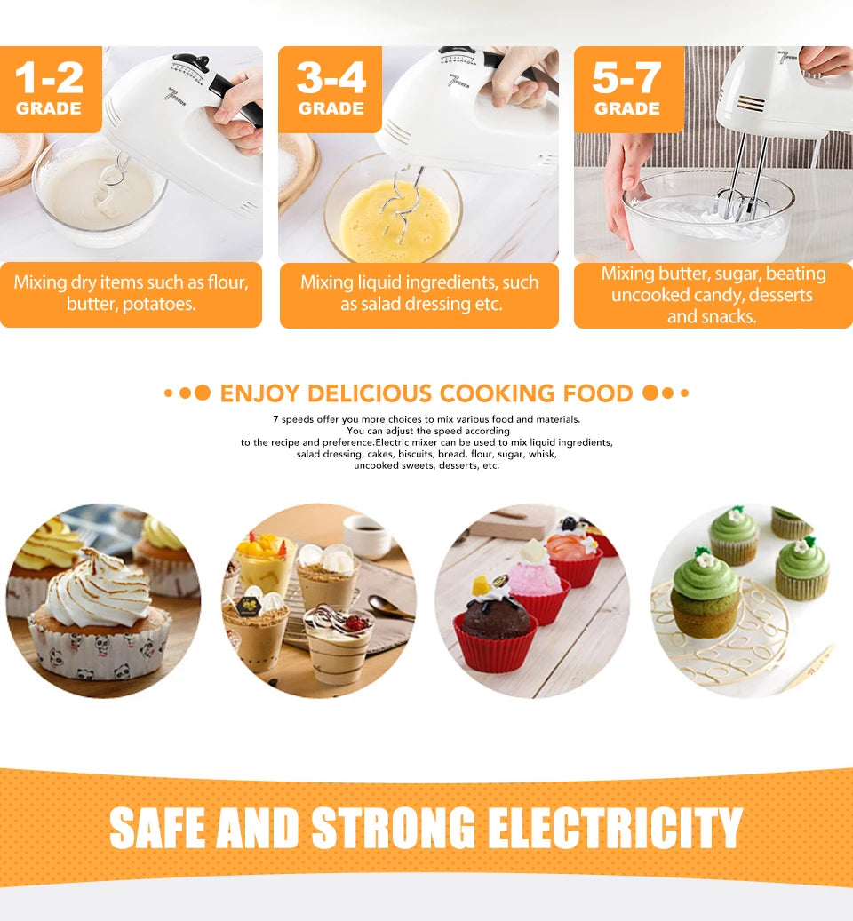 7-Speed Electric Hand Mixer with 5 Stainless Steel Attachments