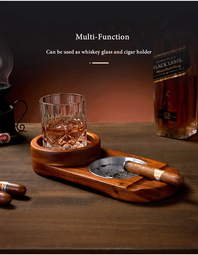 Wood Desk 2-In-1 Whiskey Wine Glass Holder, Ashtray Cigar Holder