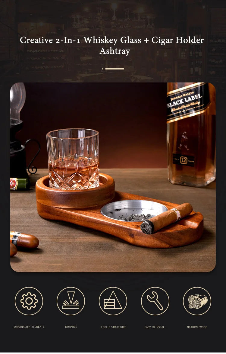 Wood Desk 2-In-1 Whiskey Wine Glass Holder, Ashtray Cigar Holder