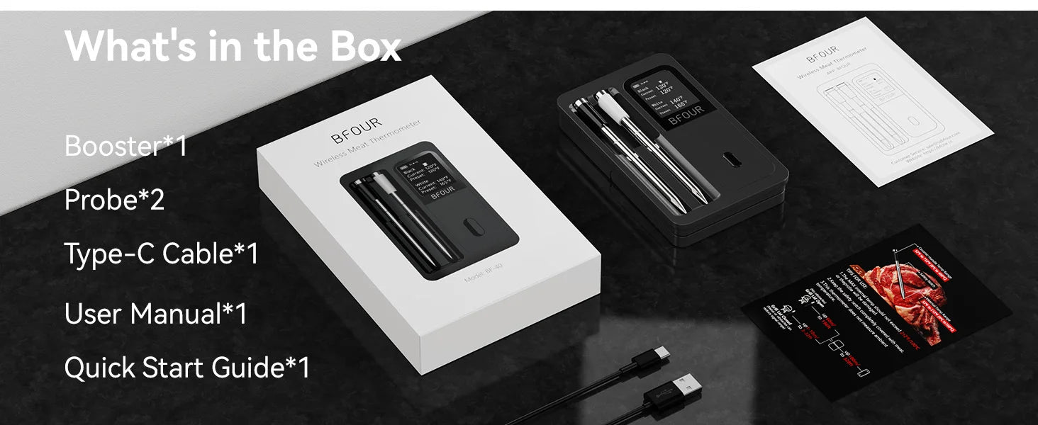 Rechargeable Wireless Bluetooth Meat Thermometer IP67 Waterproof Probes with LCD Screen Booster