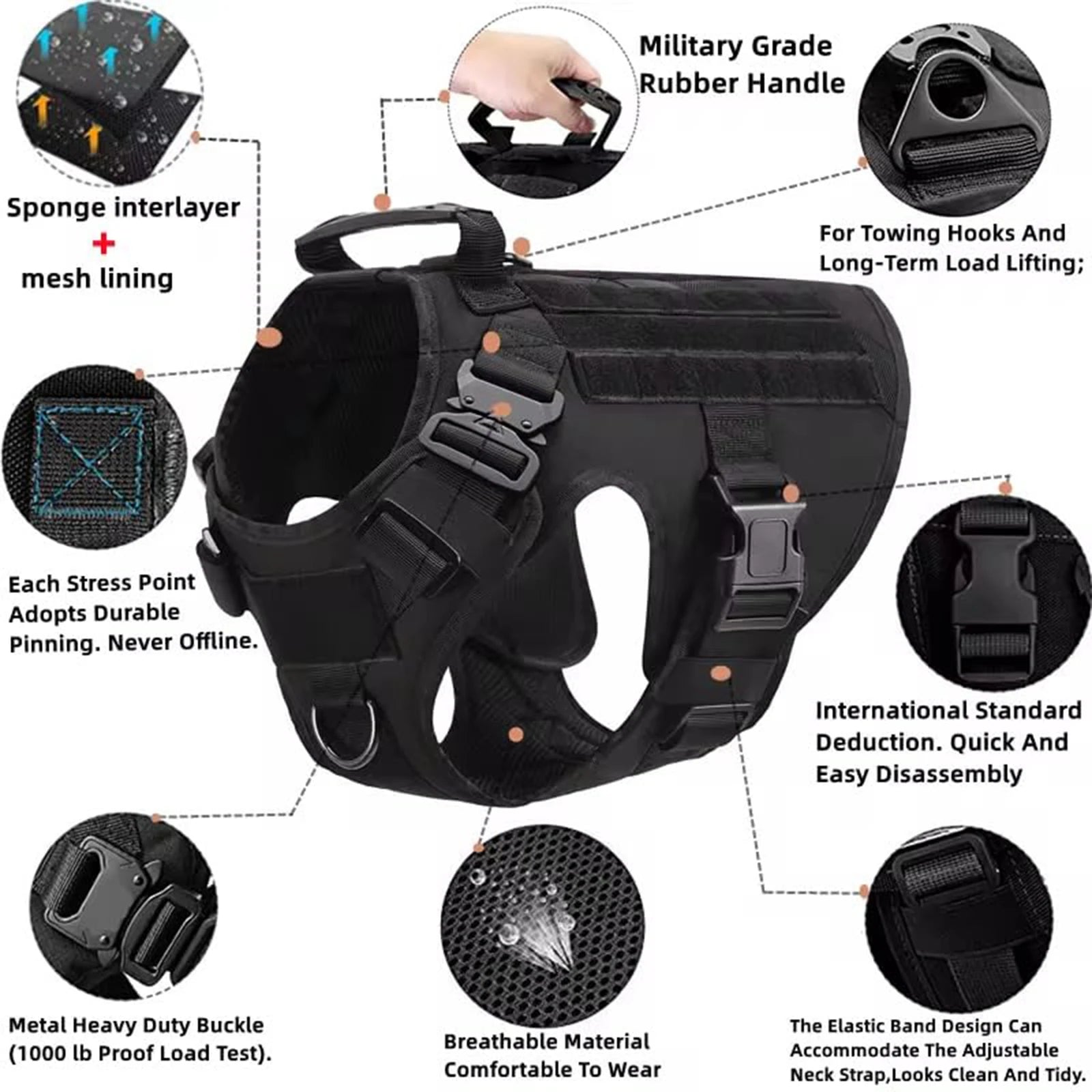 Tactical Dog Walking Vest Harness Collar Leash Molle Pouches