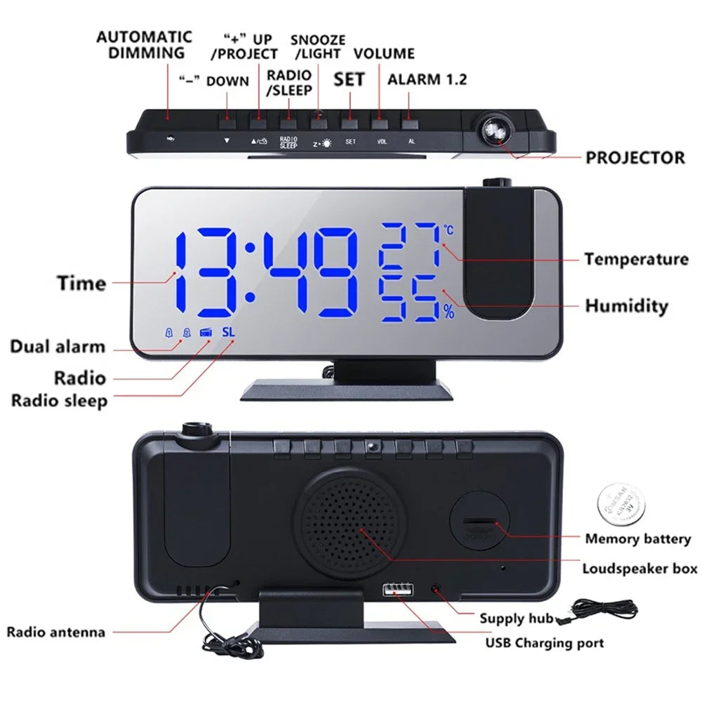LED Digital Ceiling Projection Alarm Clock with FM Radio