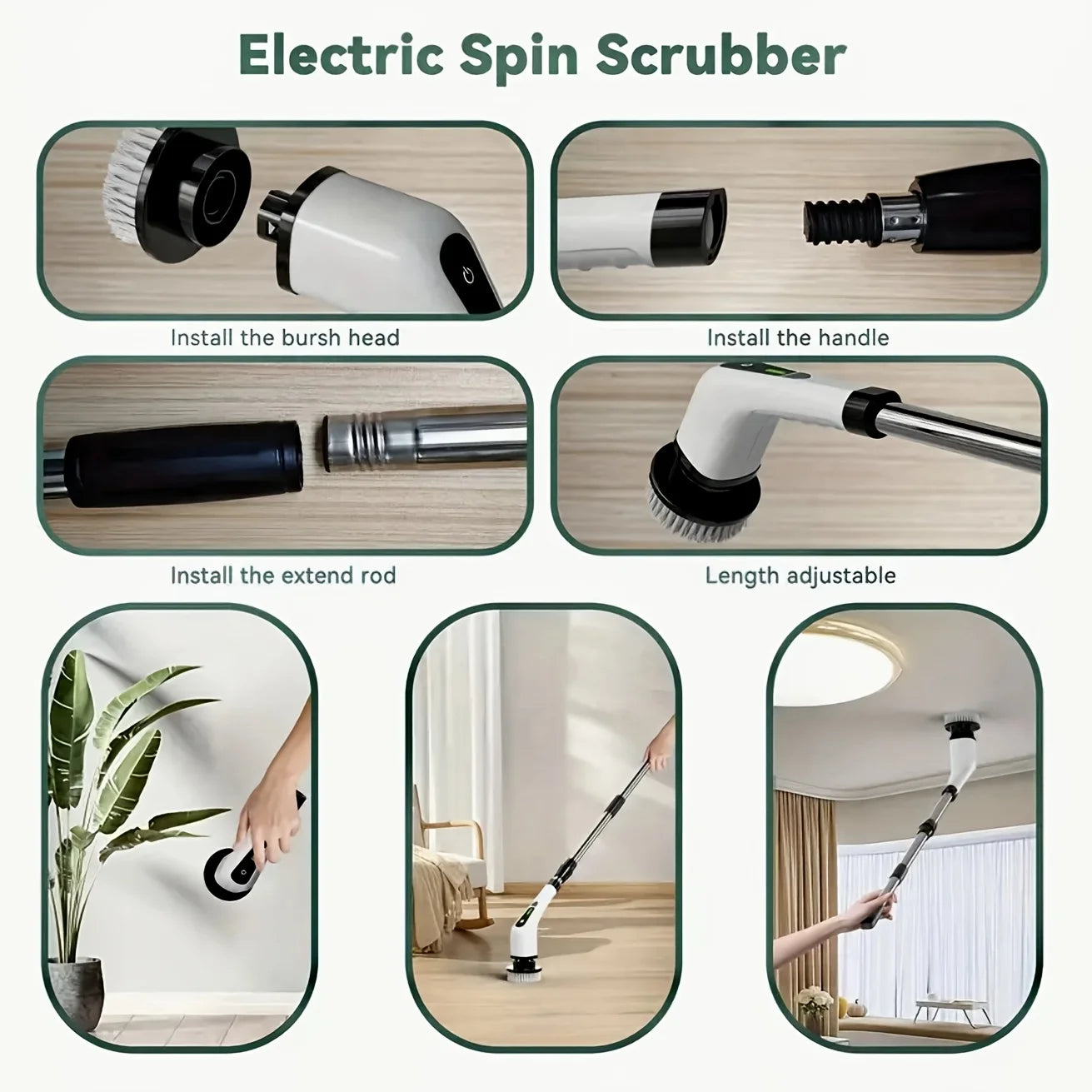 9-in-1 USB Rechargeable Electric Telescopic Handle Cleaning Brush 8 Brush Heads Multi-Surface Cleaner