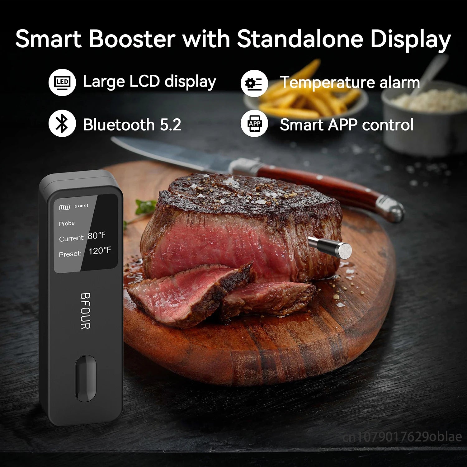 Rechargeable Wireless Bluetooth Meat Thermometer IP67 Waterproof Probes with LCD Screen Booster