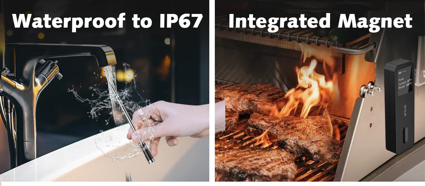 Rechargeable Wireless Bluetooth Meat Thermometer IP67 Waterproof Probes with LCD Screen Booster