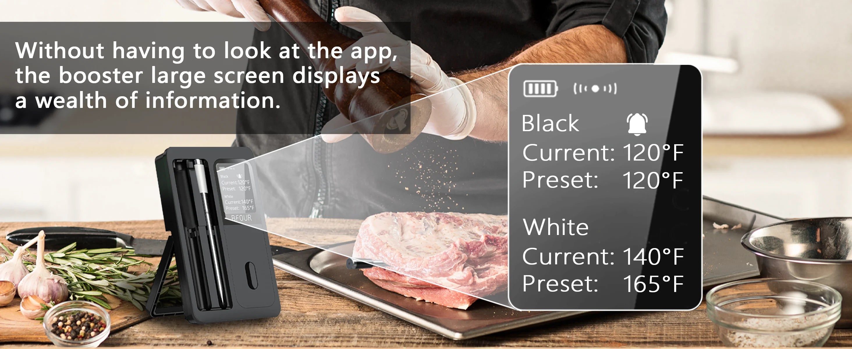 Rechargeable Wireless Bluetooth Meat Thermometer IP67 Waterproof Probes with LCD Screen Booster