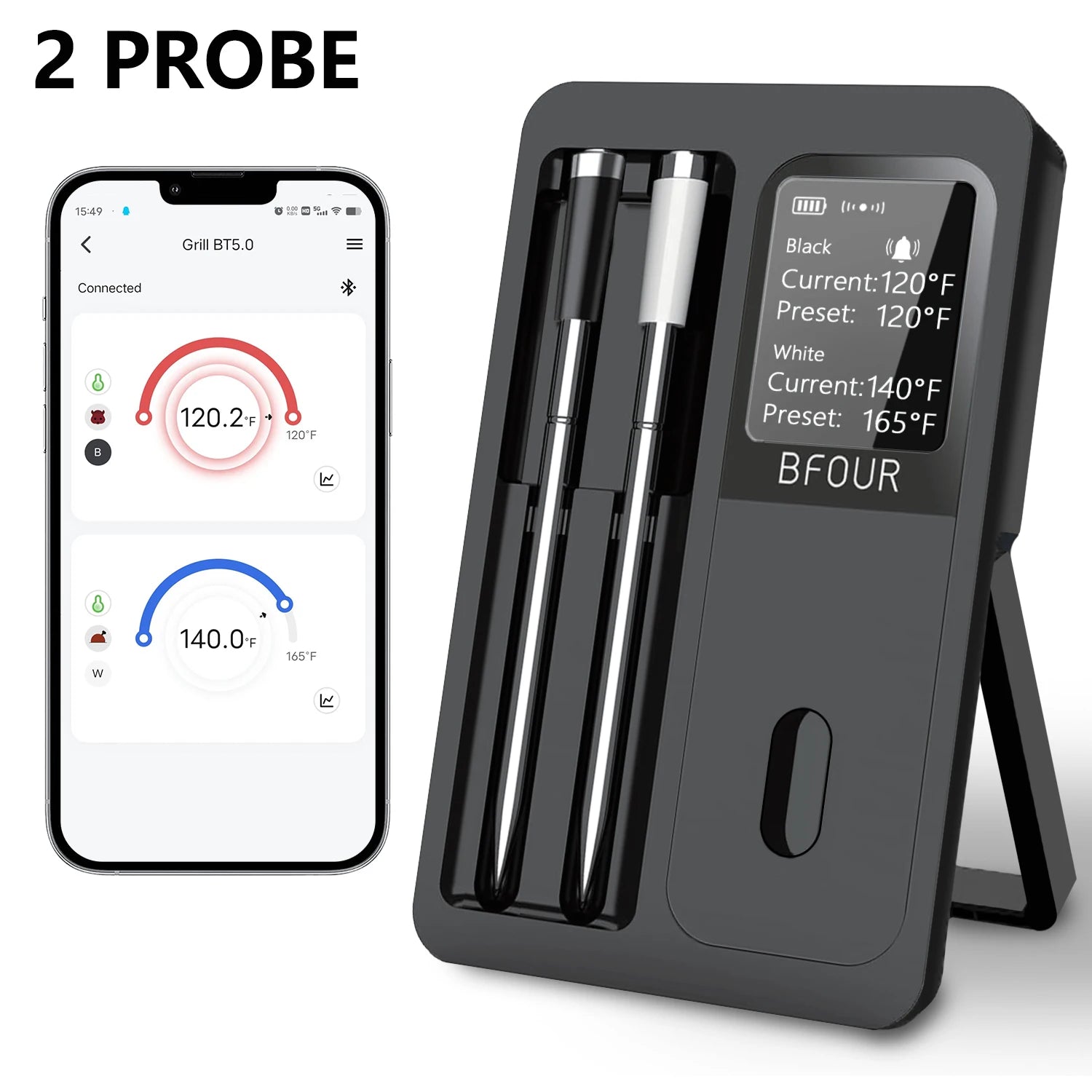 Rechargeable Wireless Bluetooth Meat Thermometer IP67 Waterproof Probes with LCD Screen Booster