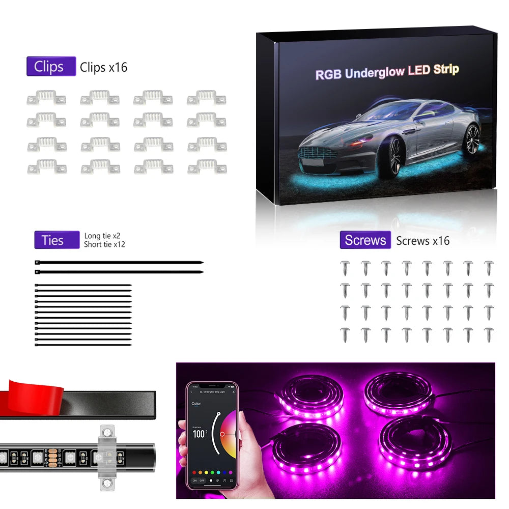 RGB Car Waterproof Underglow Strip Lights with App Control