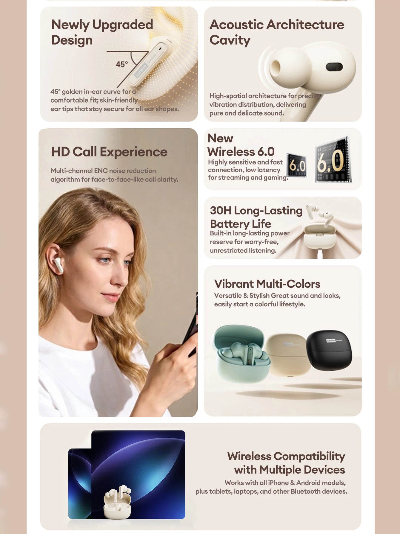 Lenovo LE216 Bluetooth 6.0 In-Ear Earphones Active Noise Cancellation Earbuds
