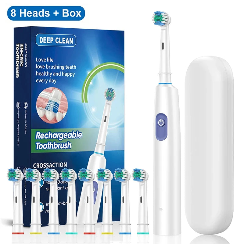 Electric Rechargeable Rotary Toothbrush with 8 Soft Brush Heads