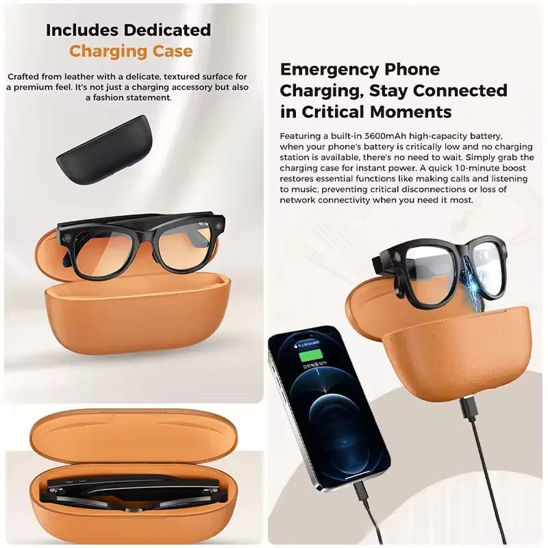 3600mAh Large Battery Smart Glasses 8MP HD Camera Video Recording Sunglasses Men