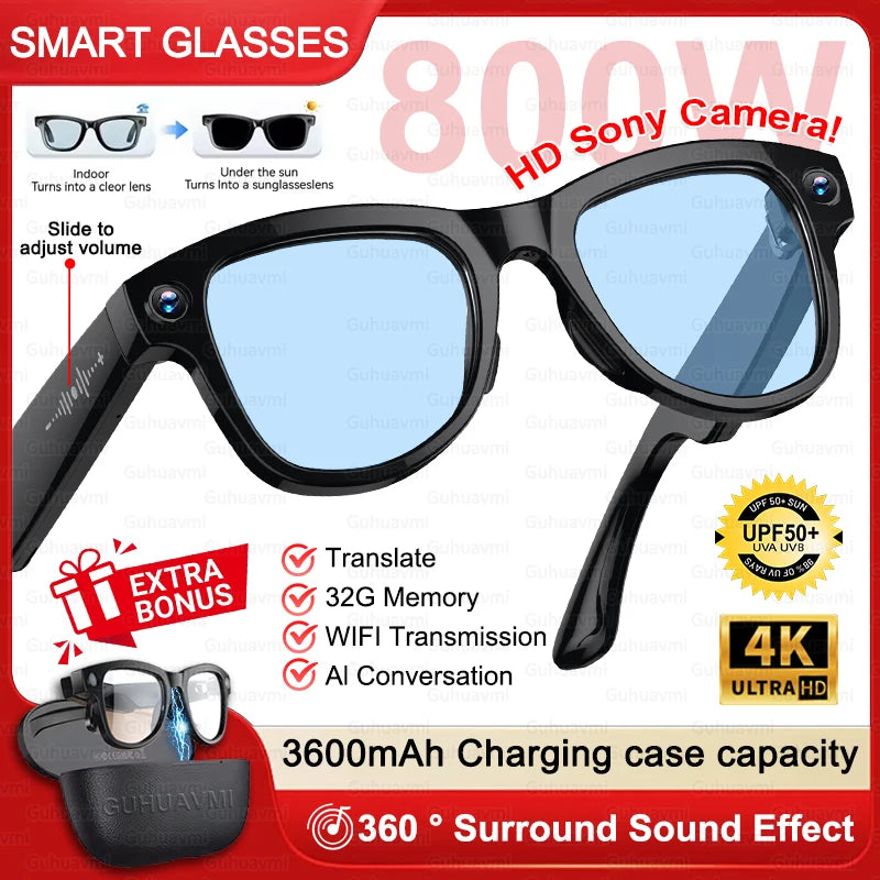 3600mAh Large Battery Smart Glasses 8MP HD Camera Video Recording Sunglasses Men
