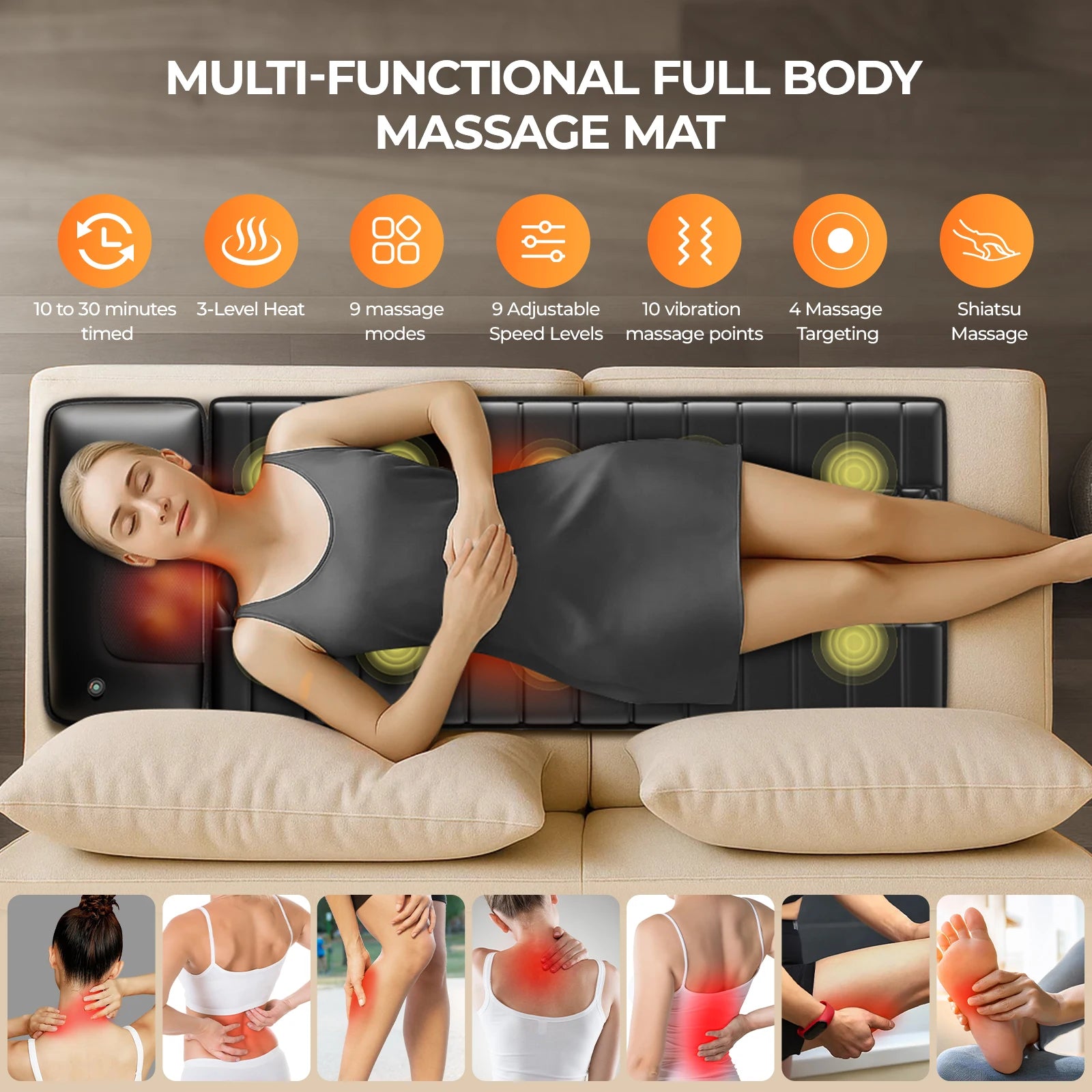 Full Body Shiatsu Massage Mat with Heat, Detachable Massager Pad
