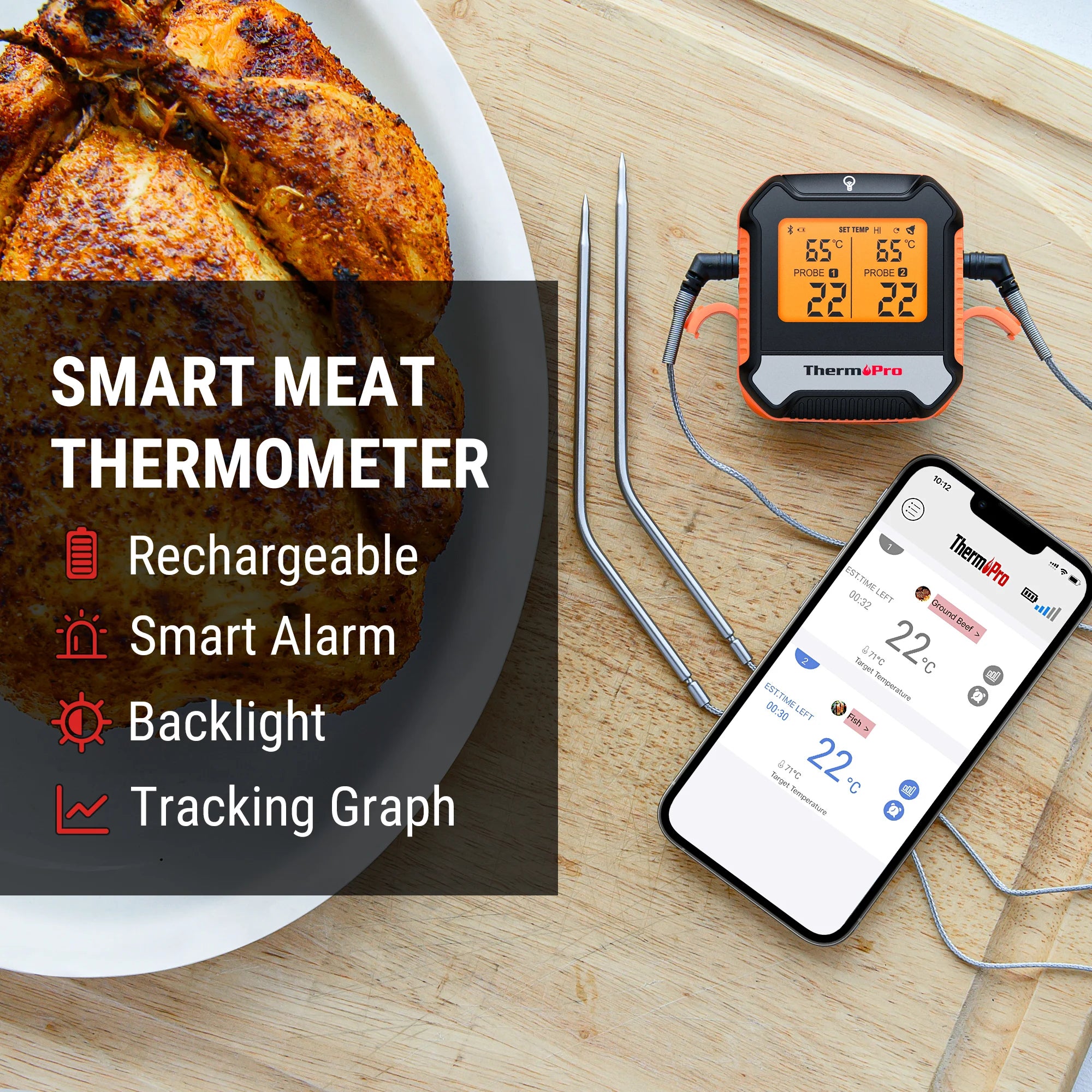ThermoPro TP904 Bluetooth Wireless 135M Dual Probes Digital Meat Thermometer with Alarm Timer