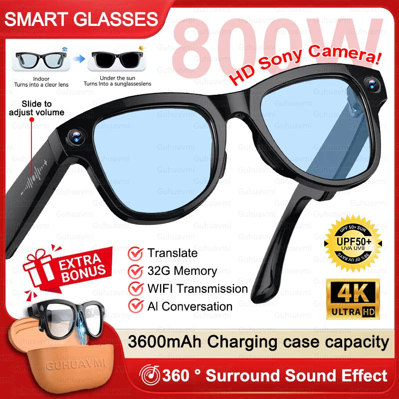3600mAh Large Battery Smart Glasses 8MP HD Camera Video Recording Sunglasses Men