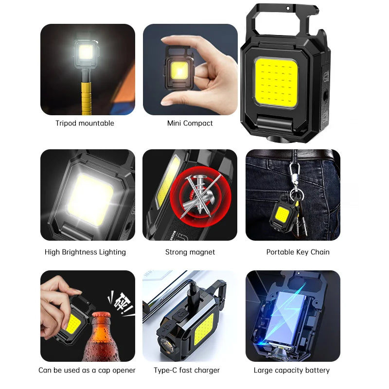 Rechargeable Super Bright Keychain Flashlight With 90° Foldable Side Lights