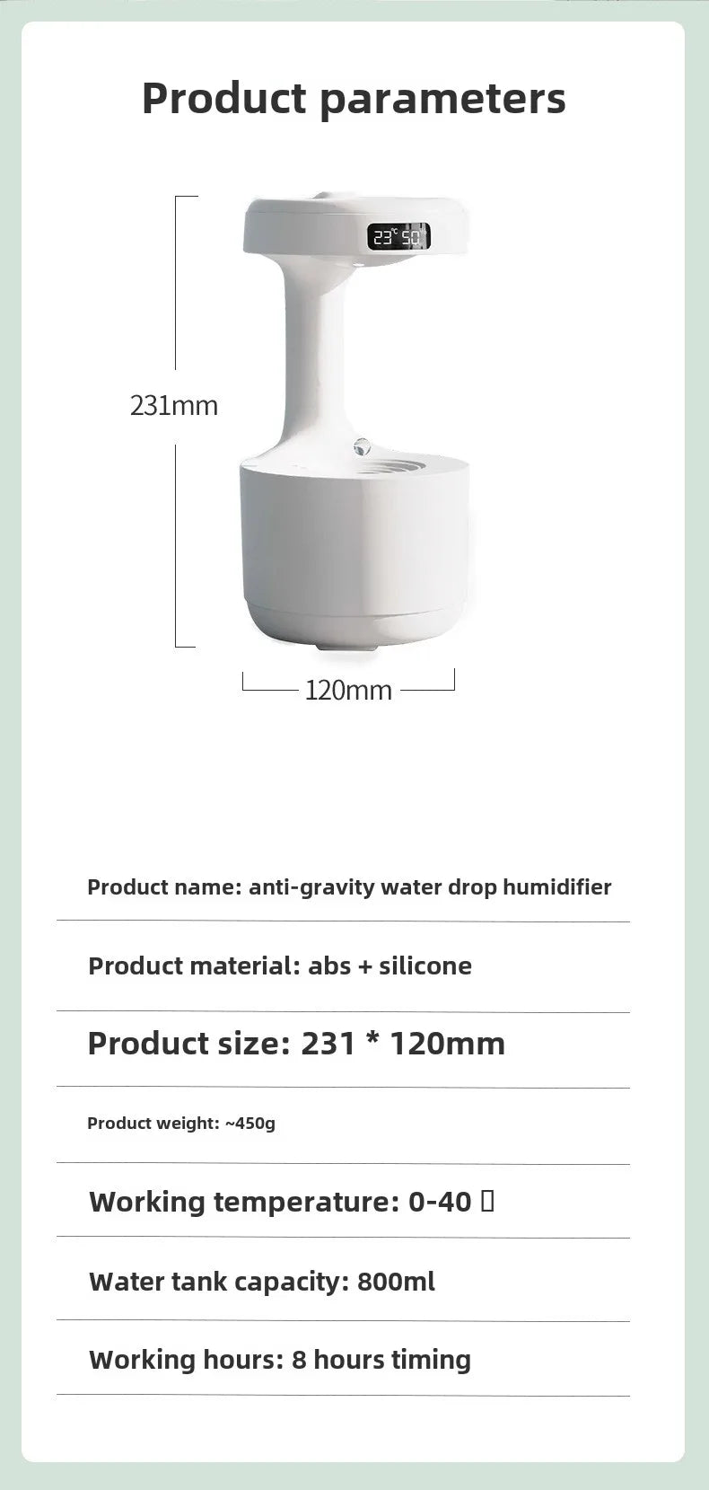 Anti-Gravity Ultrasonic Humidifier with Dual Power-Off Protection