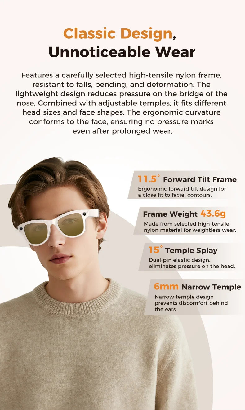 3600mAh Large Battery Smart Glasses 8MP HD Camera Video Recording Sunglasses Men