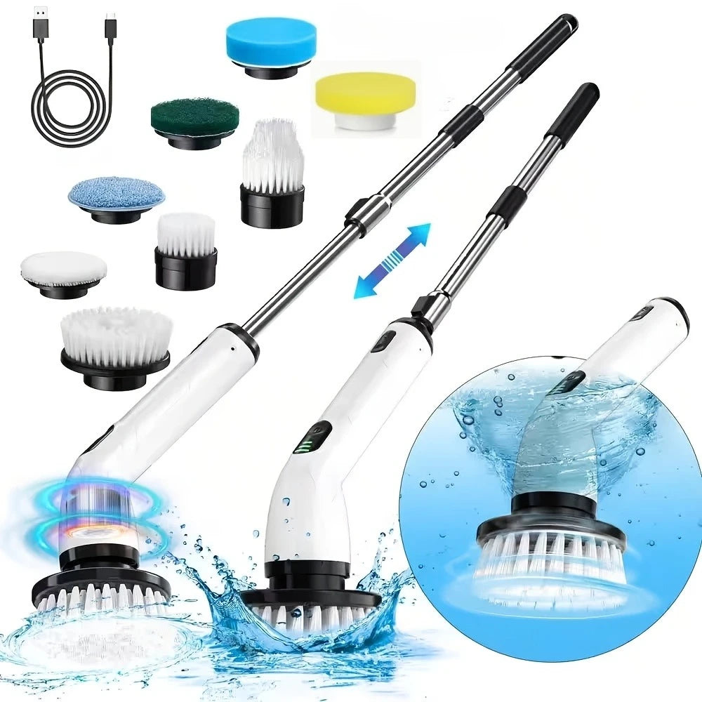 9-in-1 USB Rechargeable Electric Telescopic Handle Cleaning Brush 8 Brush Heads Multi-Surface Cleaner