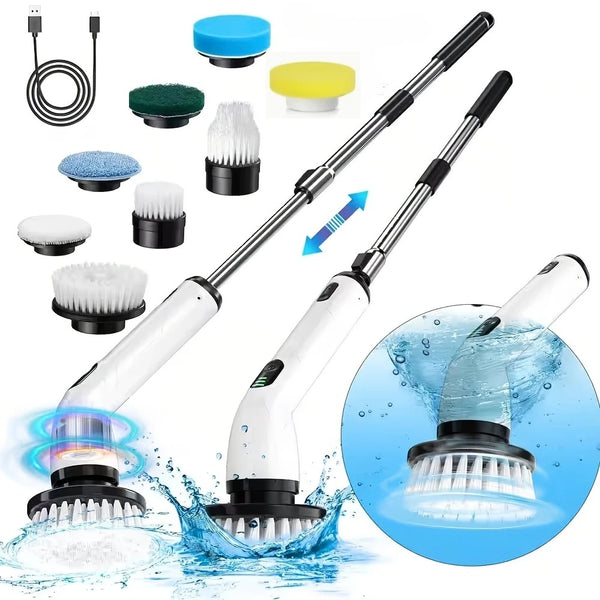 9-in-1 USB Rechargeable Electric Telescopic Handle Cleaning Brush 8 Brush Heads Multi-Surface Cleaner