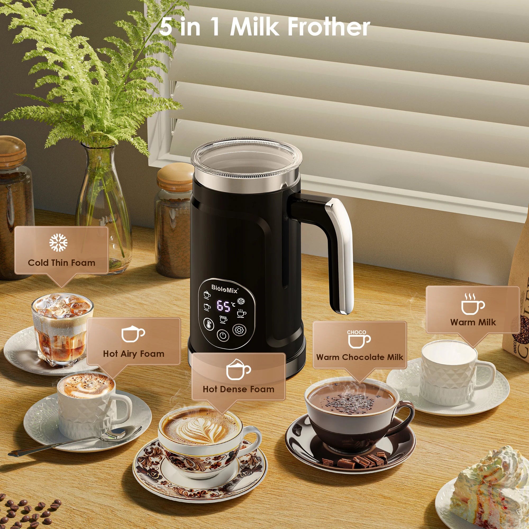 5-in-1 Hot & Cold Milk Frother with LED Touch Screen
