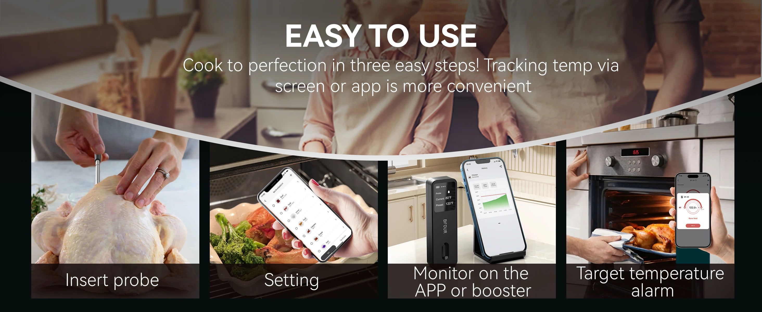 Rechargeable Wireless Bluetooth Meat Thermometer IP67 Waterproof Probes with LCD Screen Booster