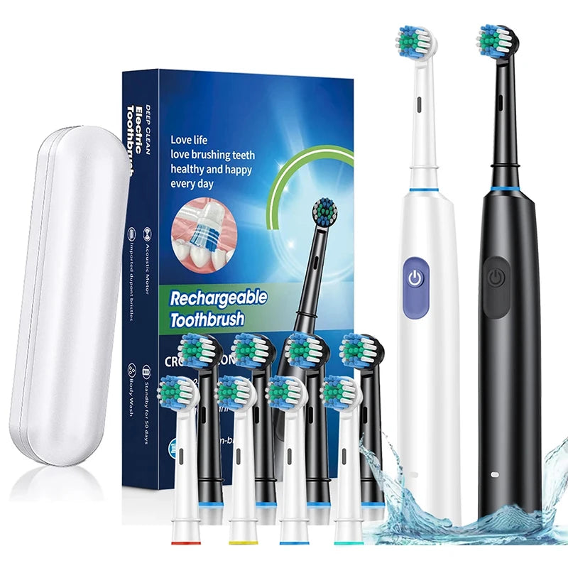 Electric Rechargeable Rotary Toothbrush with 8 Soft Brush Heads