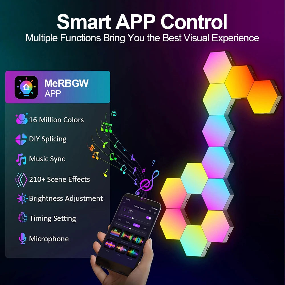 RGB Smart Hexagonal Color changing Ambient Night Light Music Rhythm Wall Lamp