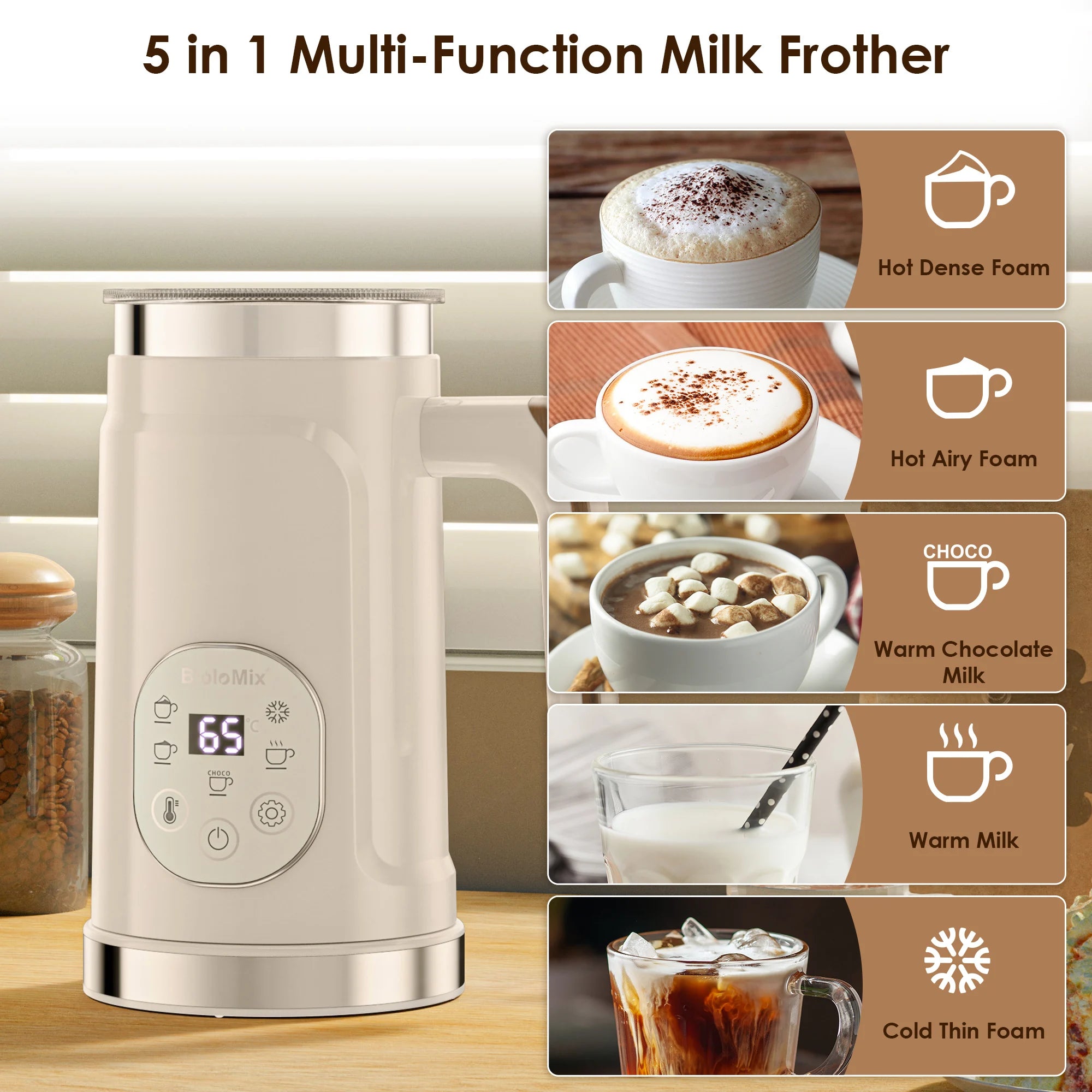 5-in-1 Hot & Cold Milk Frother with LED Touch Screen