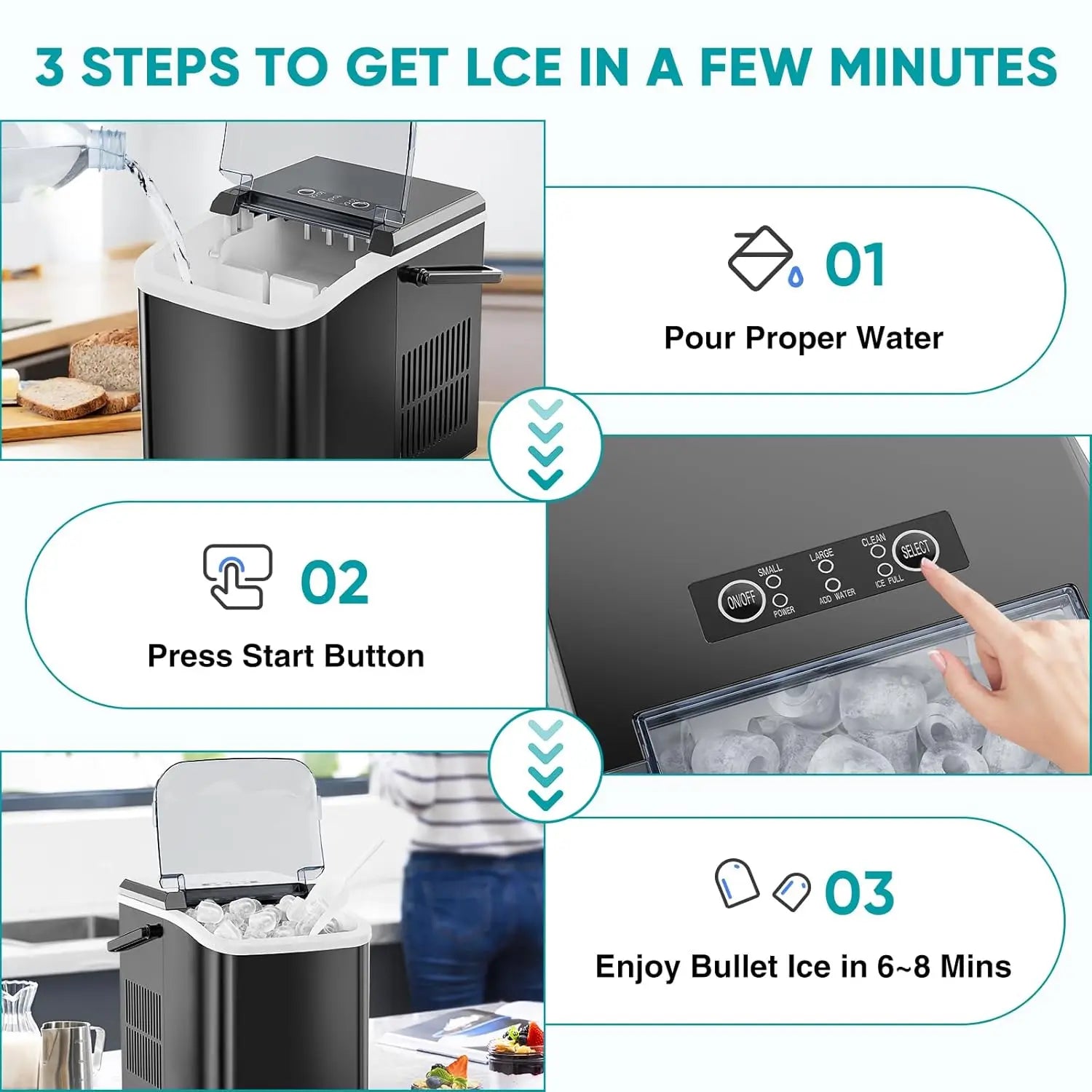 Portable Countertop 2 Sizes Bullet Cubes Ice maker Machine
