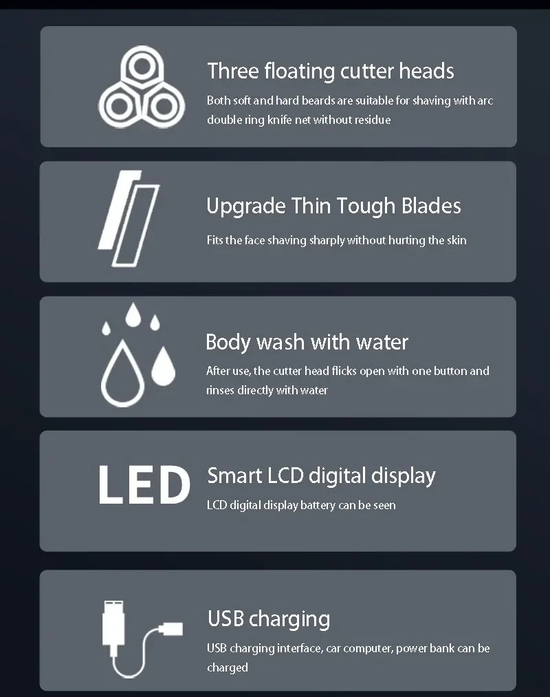Smart USB Rechargeable LCD Digital Display Three-head Floating Razor