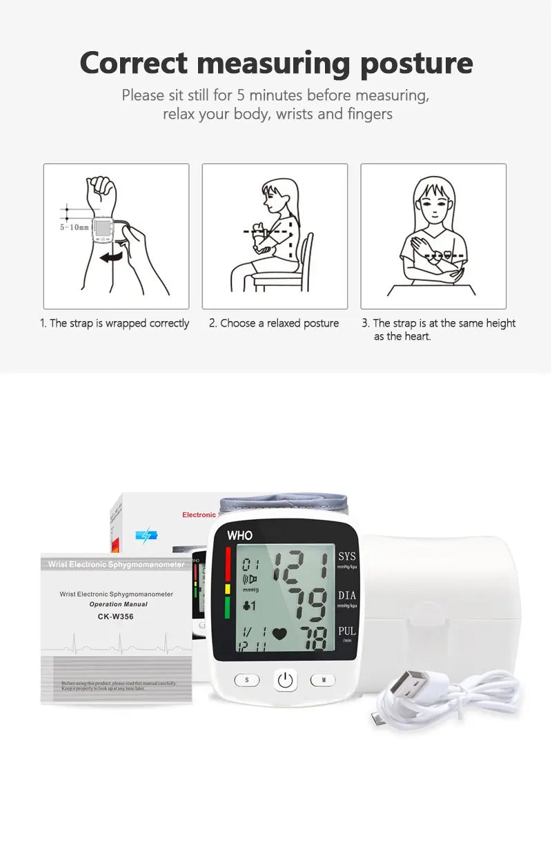 Digital LCD Rechargeable Wrist Blood Pressure Monitor