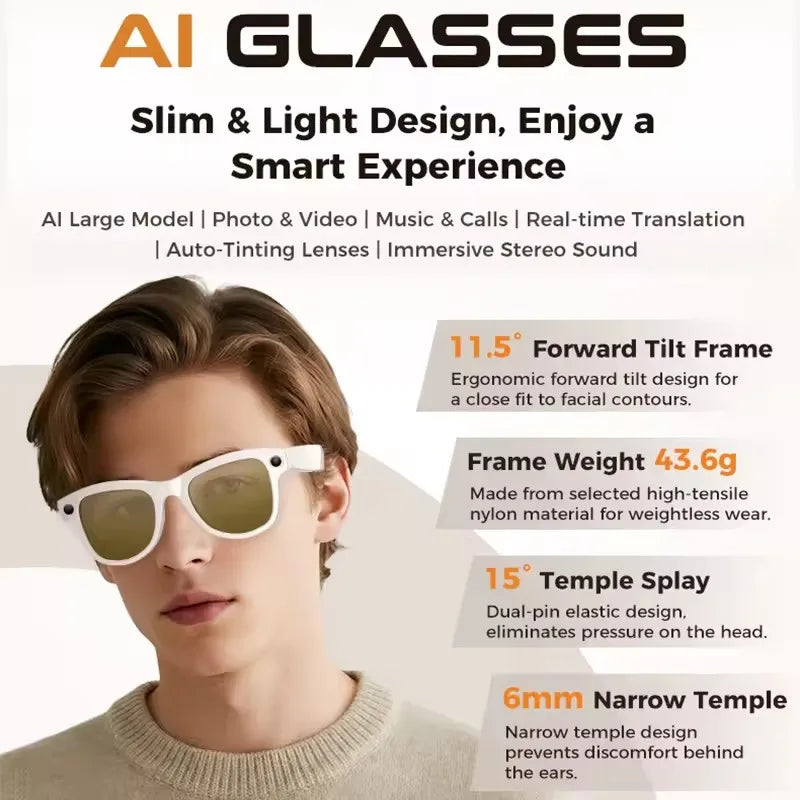 3600mAh Large Battery Smart Glasses 8MP HD Camera Video Recording Sunglasses Men