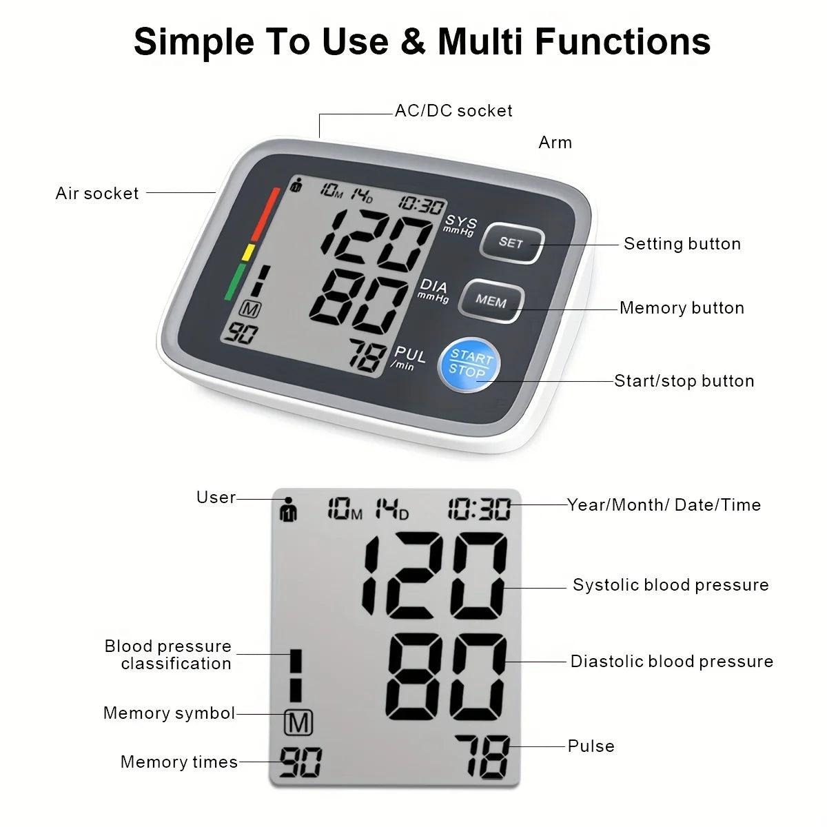 Adjustable cuff automatic digital upper arm blood pressure monitor