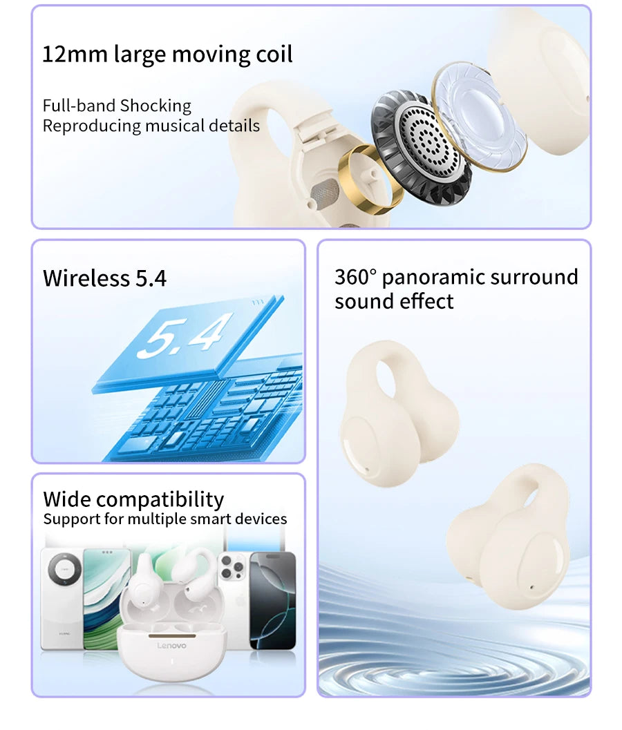 Lenovo Wireless Sport Earbuds Active Noise Cancelling Clip on