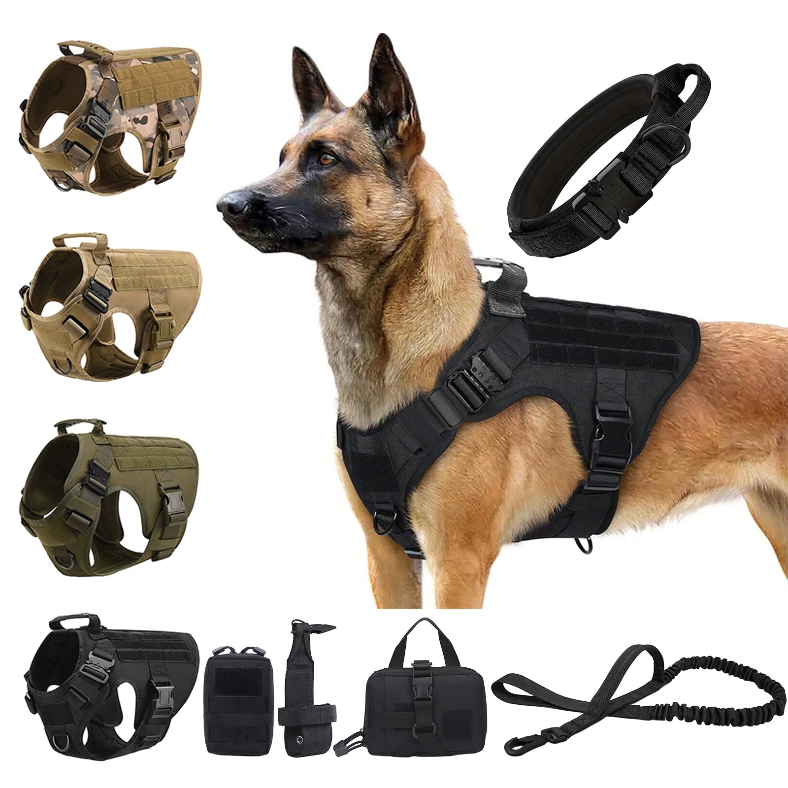 Tactical Dog Walking Vest Harness Collar Leash Molle Pouches