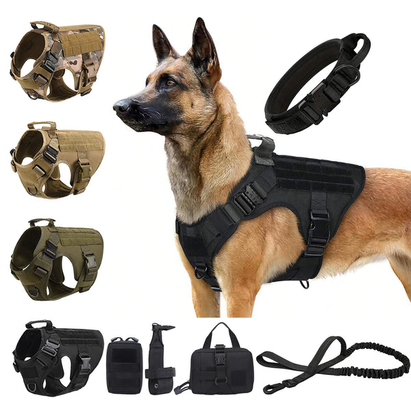 Tactical Dog Walking Vest Harness Collar Leash Molle Pouches