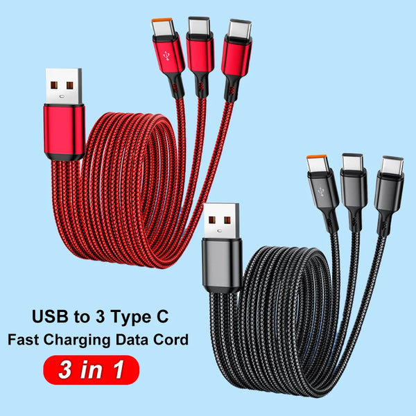 100W 6A 3 In 1 Fast USB To Type USB C Charge Cables