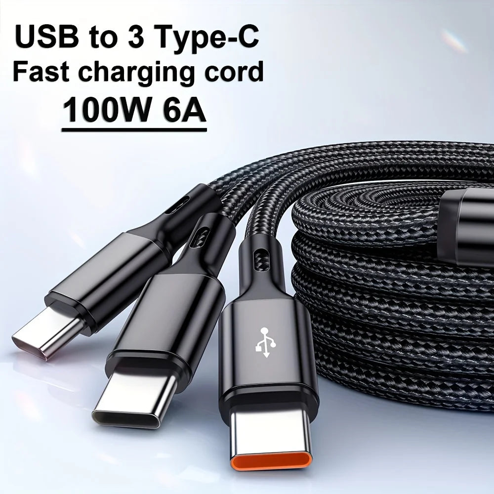 100W 6A 3 In 1 Fast USB To Type USB C Charge Cables