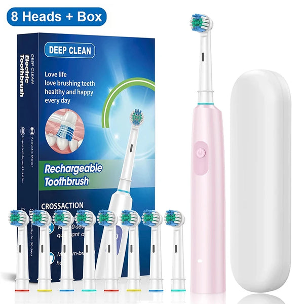 Electric Rechargeable Rotary Toothbrush with 8 Soft Brush Heads