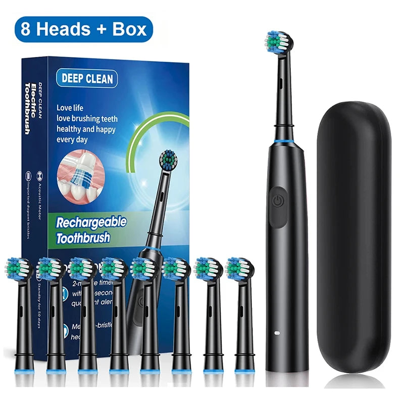 Electric Rechargeable Rotary Toothbrush with 8 Soft Brush Heads