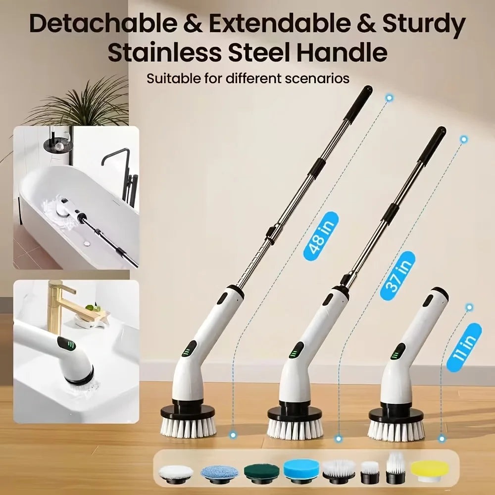 9-in-1 USB Rechargeable Electric Telescopic Handle Cleaning Brush 8 Brush Heads Multi-Surface Cleaner